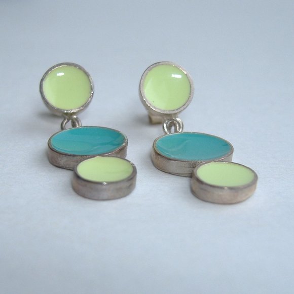 Aqua Lime Dot Enamel Earrings Green Blue Sterling Silver Handmade Post New Gift - Picture 3 of 6